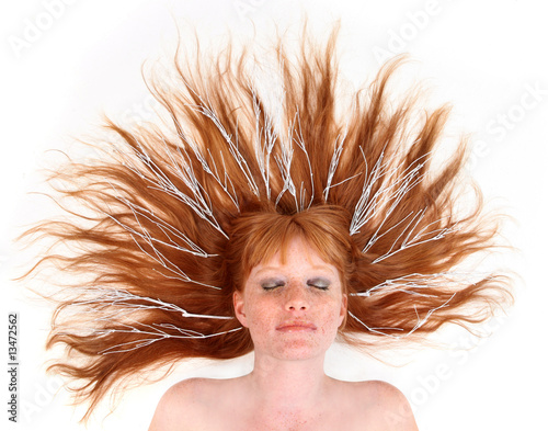 Model With White Twigs in Her Sprawled Out Hair