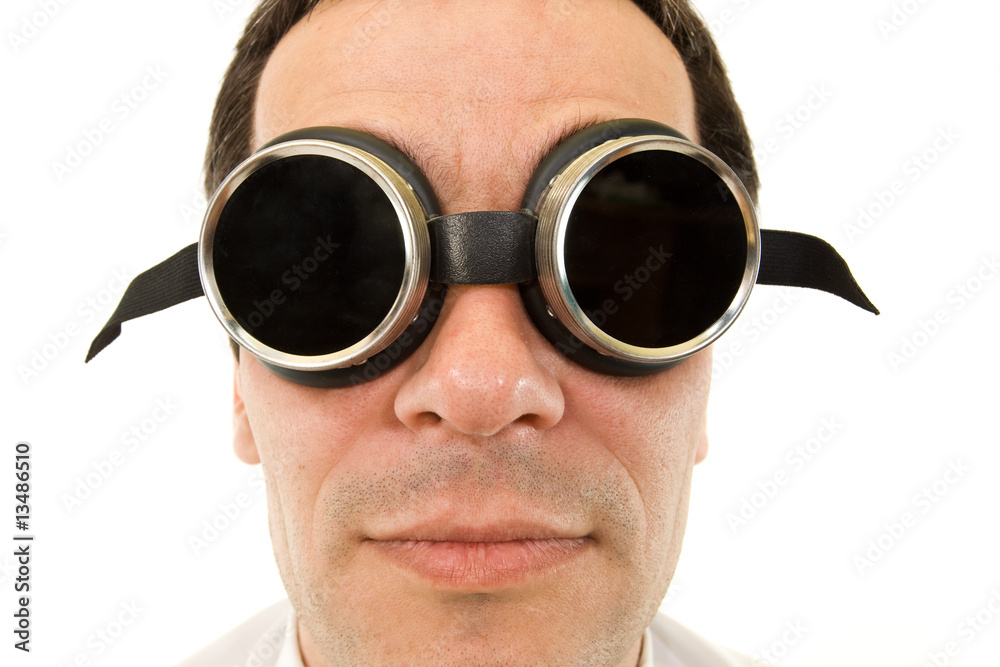 Naklejka premium Man with large dark protective goggles