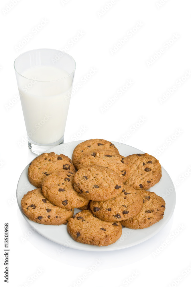 Chocolate chip cookies and a glass of milk isolated on white. Chocolate chip cookies and a glass of milk isolated on white.