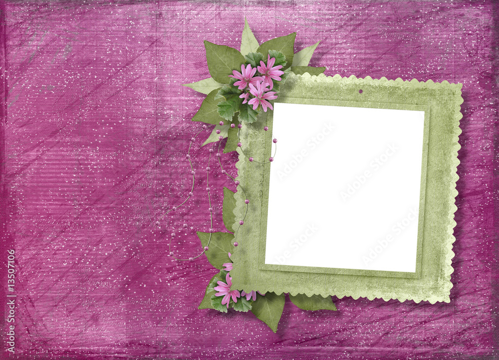 Pink abstract background with frame and floral beautiful bouquet