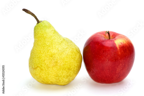 Red apple and yellow-green pear