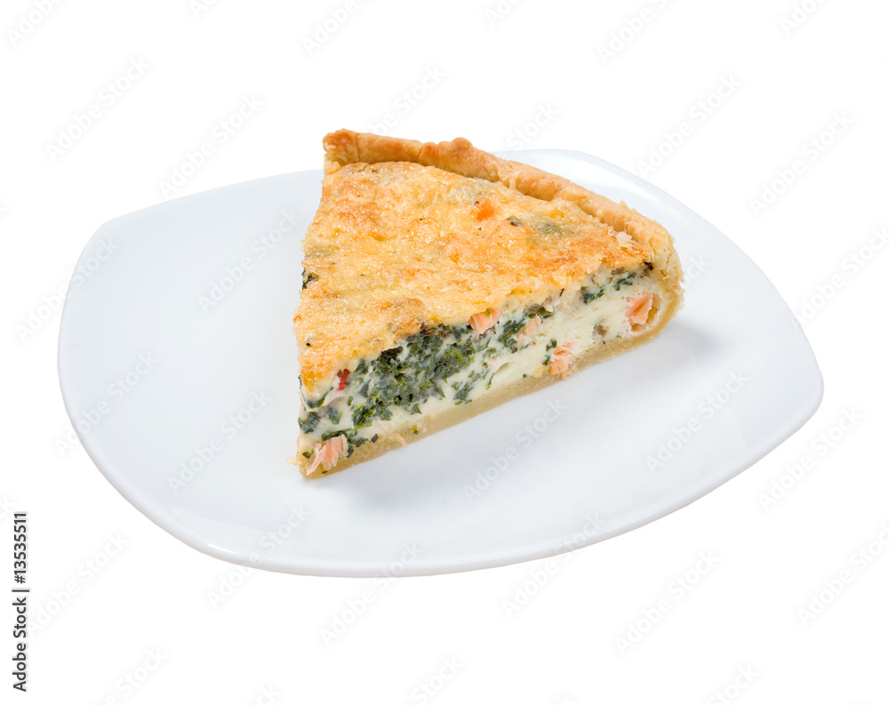 tasty home pie with verdure and salmon.