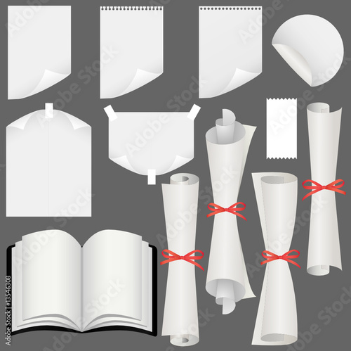 Paper sheets, scrolls and book set (vector, CMYK)