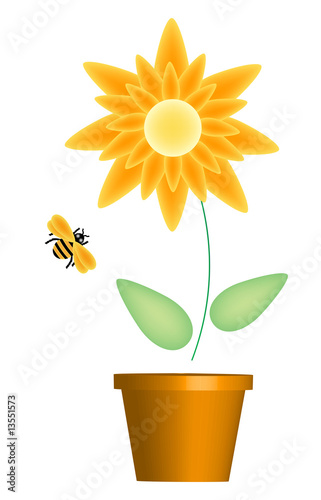 illustration of flower pot and bumble bee