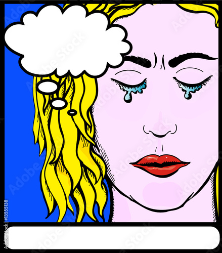 Comic Lichtenstein style lady crying with blank fields