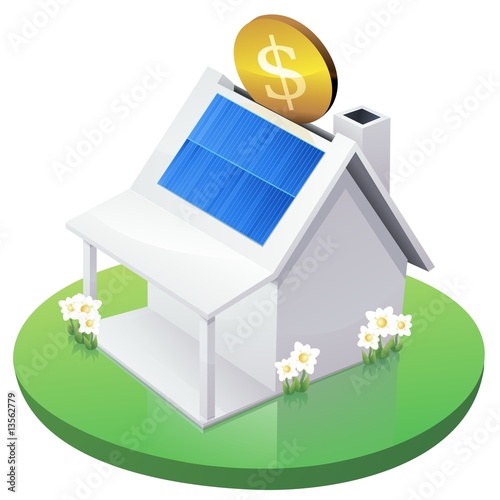 White American House MoneyBox with solar panel in garden