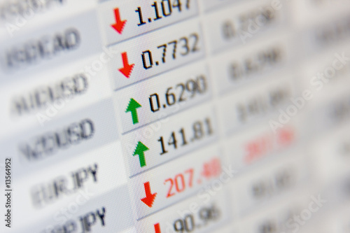 LCD closeup shot shows stock exchange rates.