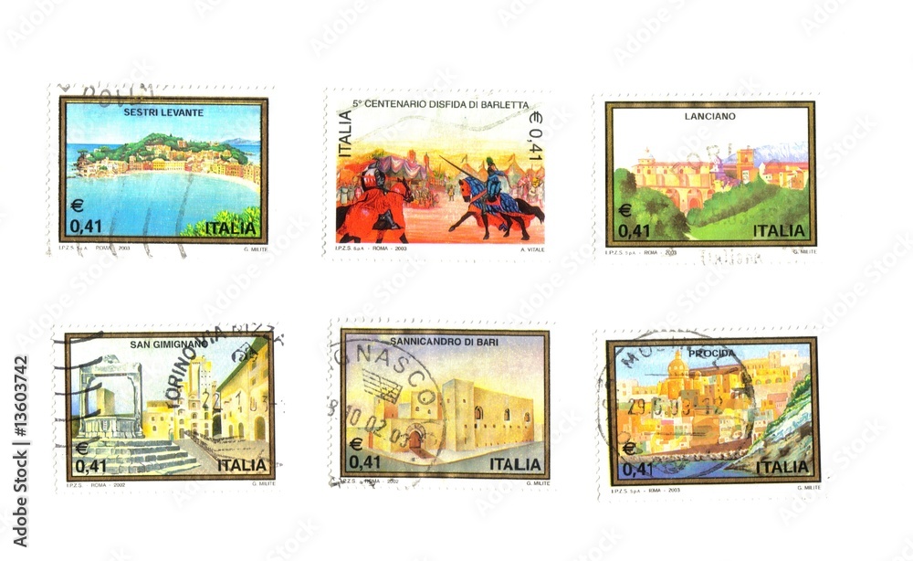Italian stamps, buildings and historical episodes