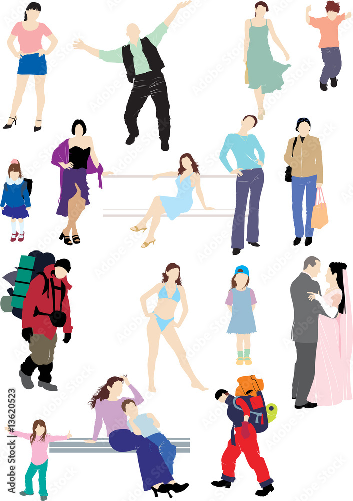 eighteen colored silhouettes of people