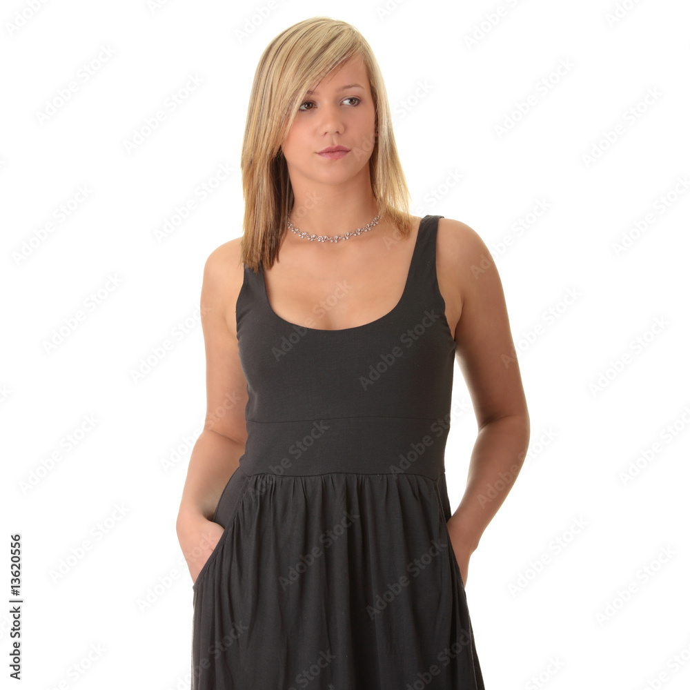 Beautiful teenager young blond girl in grey elegant dress Beautiful teenager young blond girl in grey elegant dress