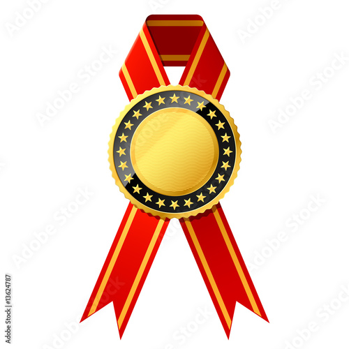 Gold badge with red ribbon. Vector. Detailed portrayal.