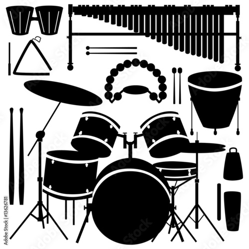 Fototapete Drums, cymbals, and percussion instruments in vector silhouette