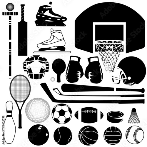 Sports equipment and balls in detailed vector silhouette