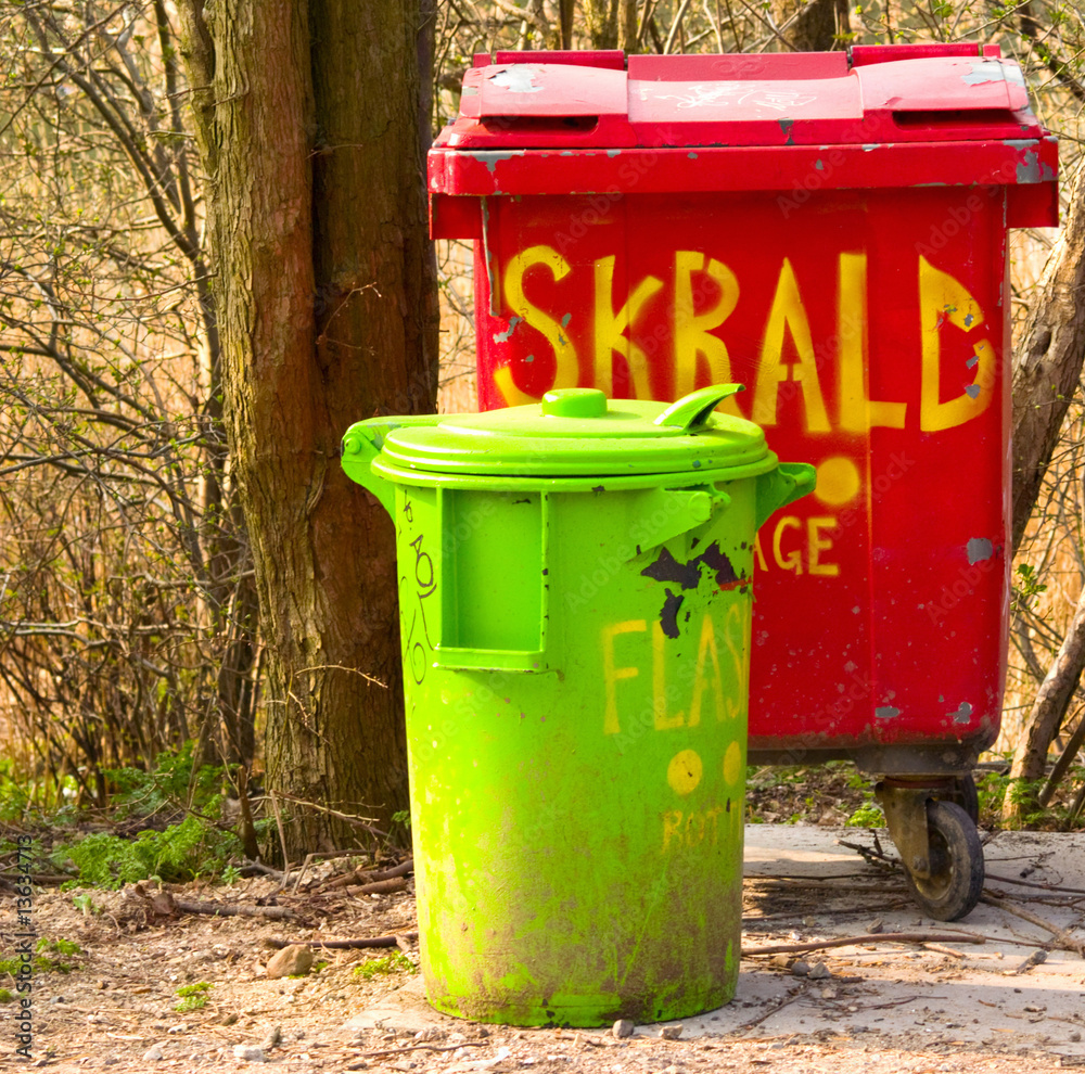 Urban environment plastic rubbish bins in a recycling centre Stock
