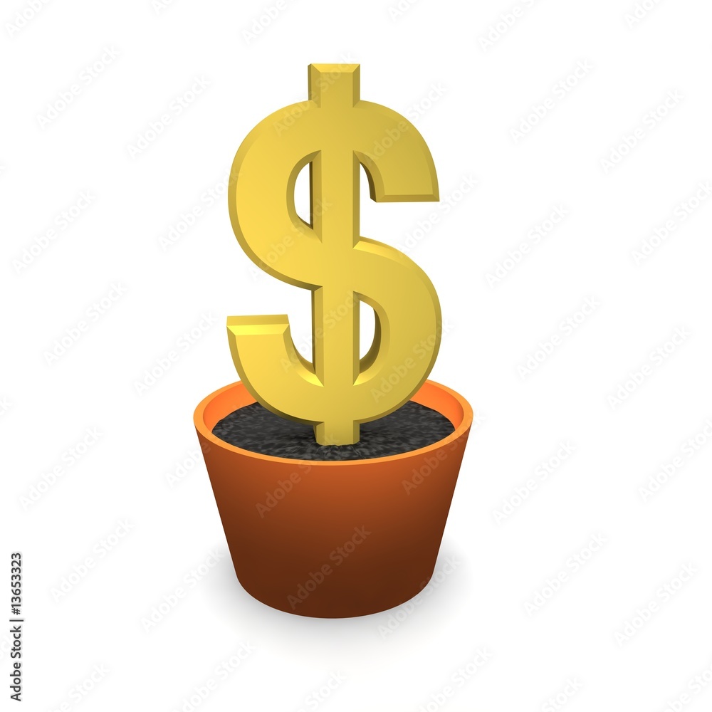 Golden dollar in flower pot. 3d rendered illustration Golden dollar in flower pot. 3d rendered illustration
