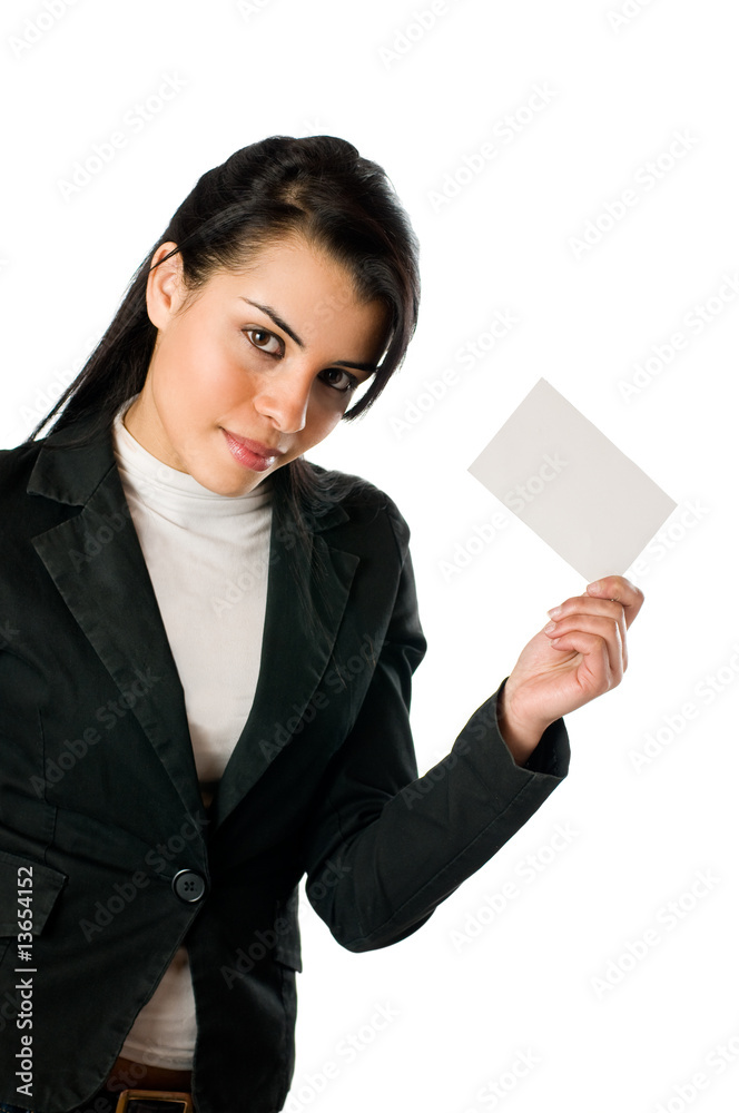 Smiling young woman with blank card Smiling young woman with blank card
