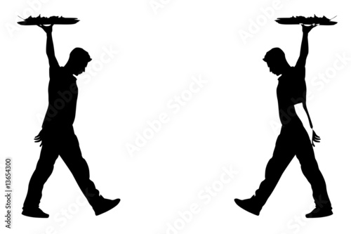 waiter  carrying platter ,two color versions