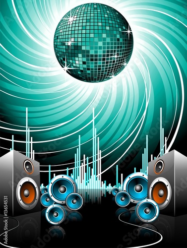 Illustration for a musical theme with speakers and disco ball.
