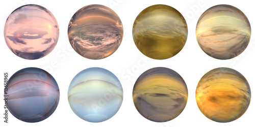 3d blue,brown,grey,pink and orange glass spheres set