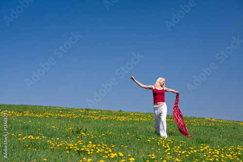 young woman with a red scarf on a meadow