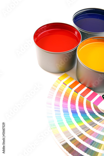 Printing press inks, cyan, magenta, yellow with color swatches