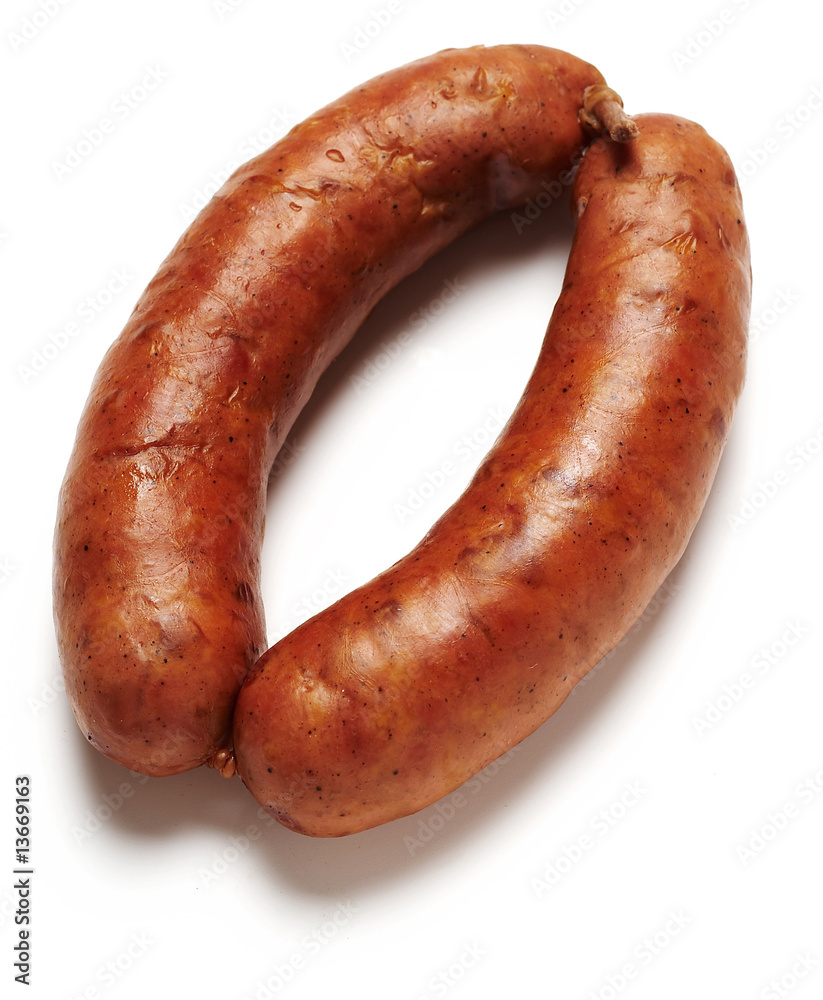 Boiled sliced fresh pork sausage isolated on white Boiled sliced fresh pork sausage isolated on white