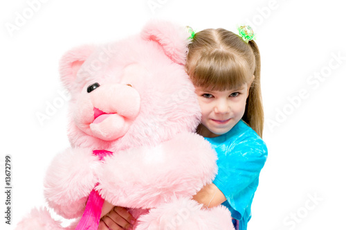 the Image of the girl embracing the big pink bear