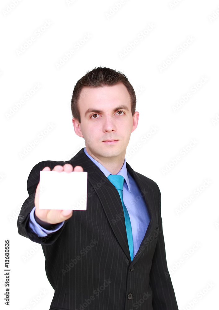 Caucasian businessman with empty card, smiling. Isolated Caucasian businessman with empty card, smiling. Isolated