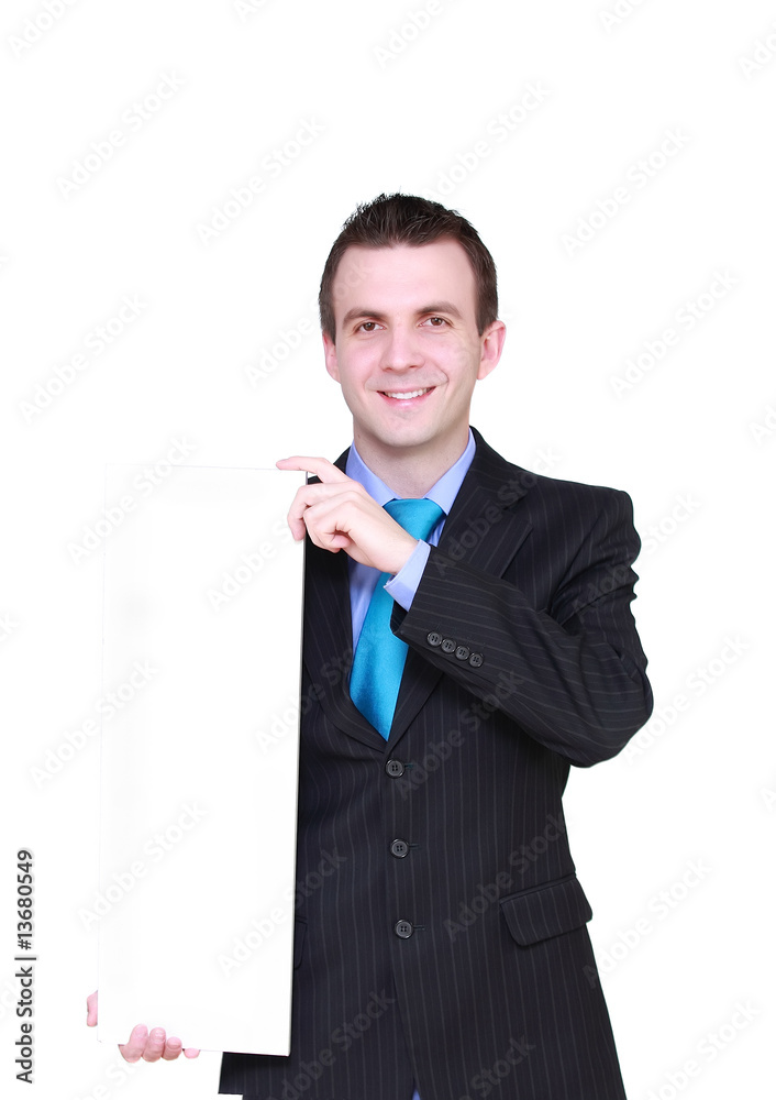 Caucasian businessman with empty poster, smiling. Isolated Caucasian businessman with empty poster, smiling. Isolated