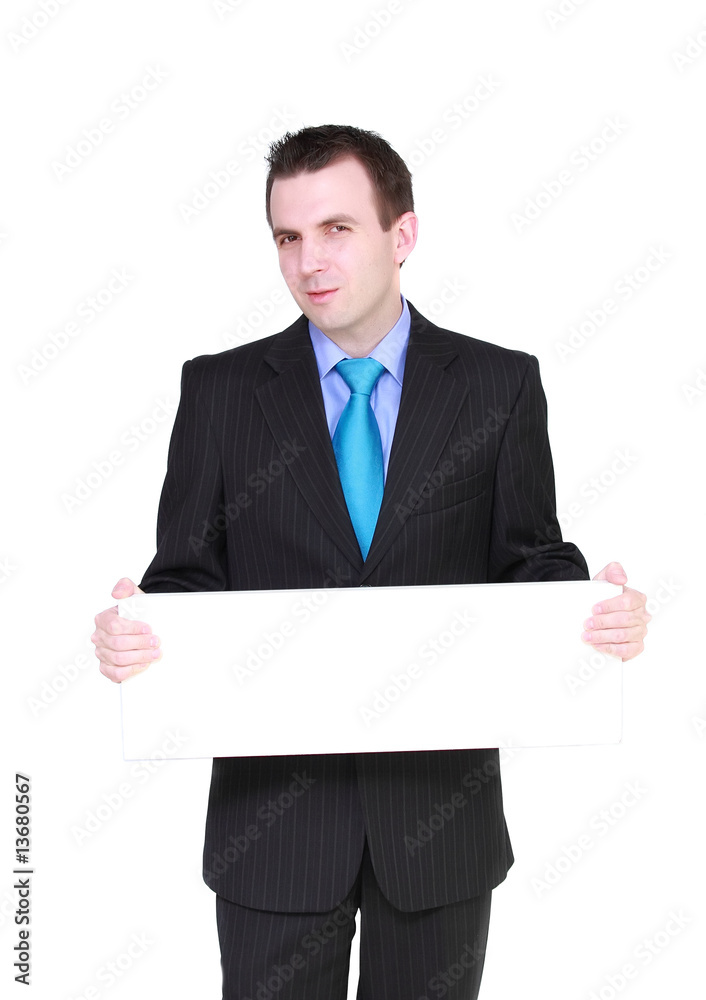 Caucasian businessman with empty poster, upset. Isolated Caucasian businessman with empty poster, upset. Isolated