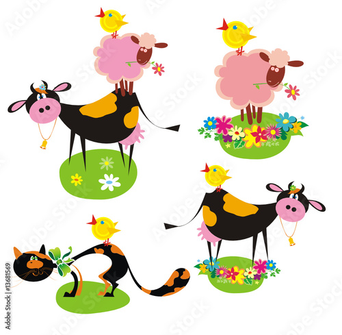 Funny farm animals (cow, cat, sheep, chicken)