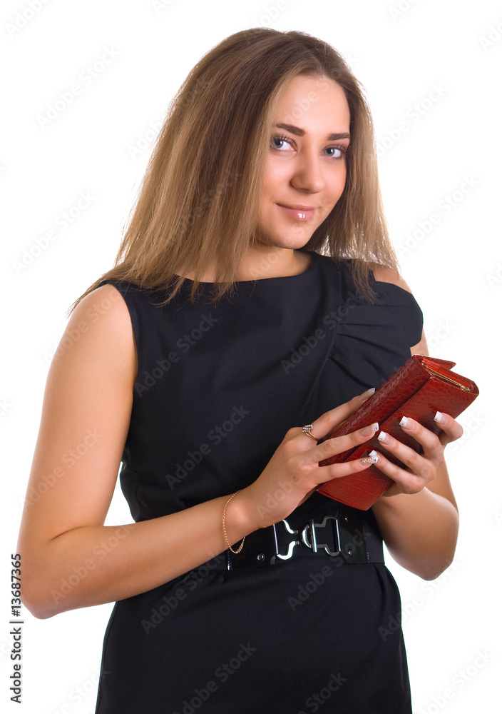 smiling women holds a purse in hands smiling women holds a purse in hands