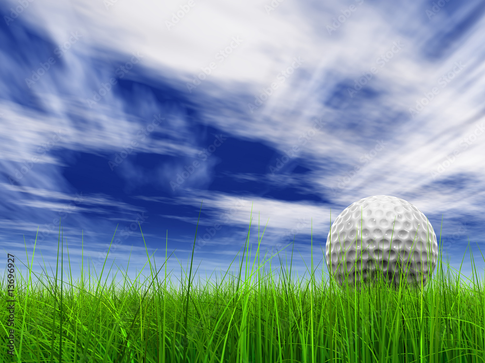 conceptual 3D golf ball on green grass over a blue sky conceptual 3D golf ball on green grass over a blue sky