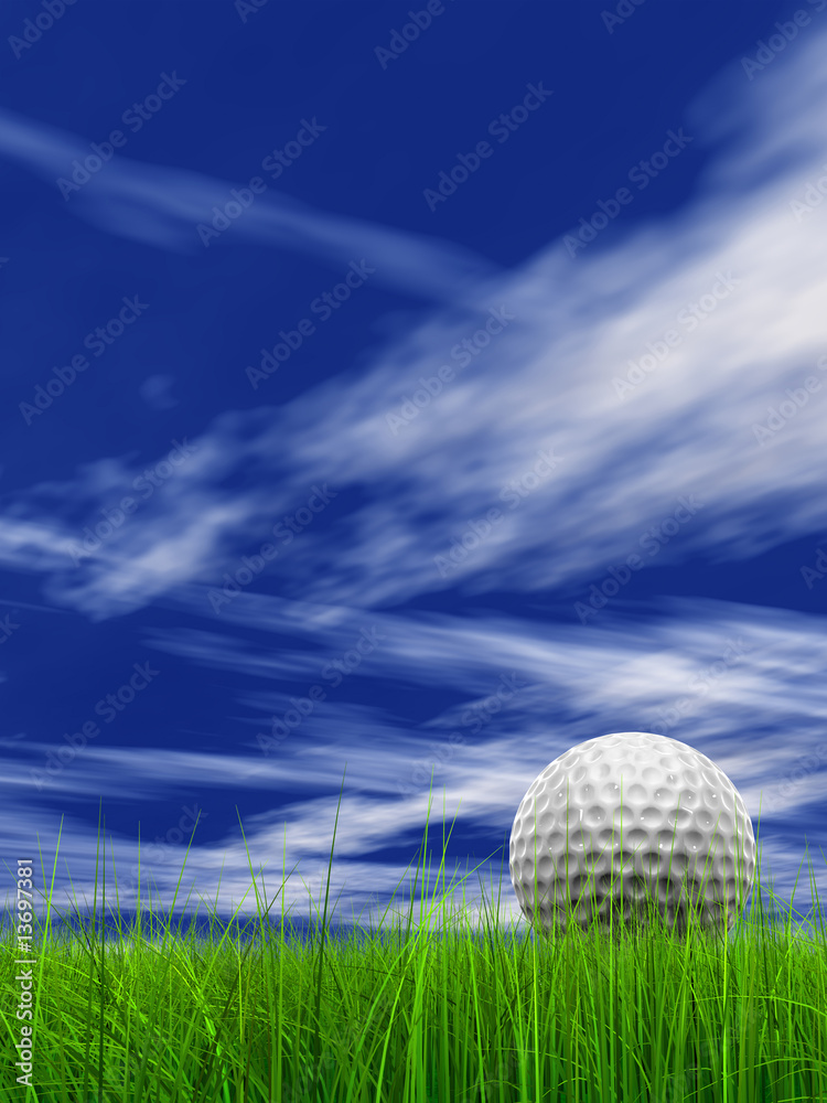 conceptual 3D golf ball on green grass over a blue sky conceptual 3D golf ball on green grass over a blue sky
