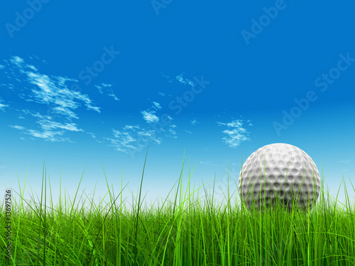 3d white golf ball in green grass on a blue sky with clouds