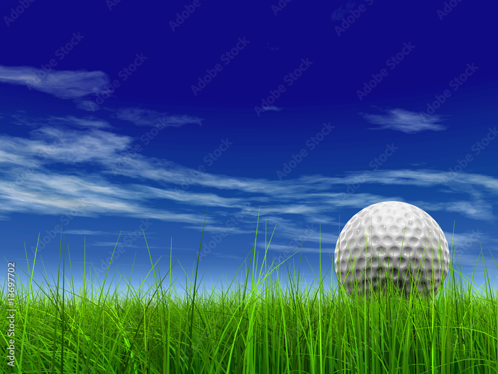 conceptual 3D golf ball on green grass over a blue sky conceptual 3D golf ball on green grass over a blue sky