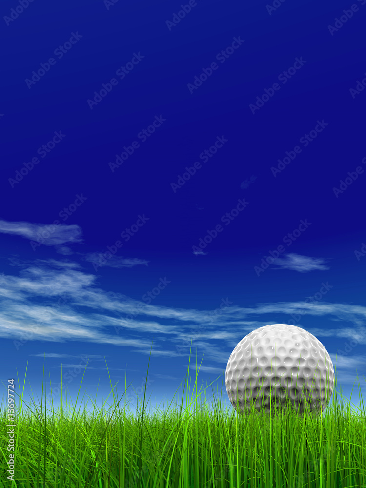 conceptual 3D golf ball on green grass over a blue sky conceptual 3D golf ball on green grass over a blue sky
