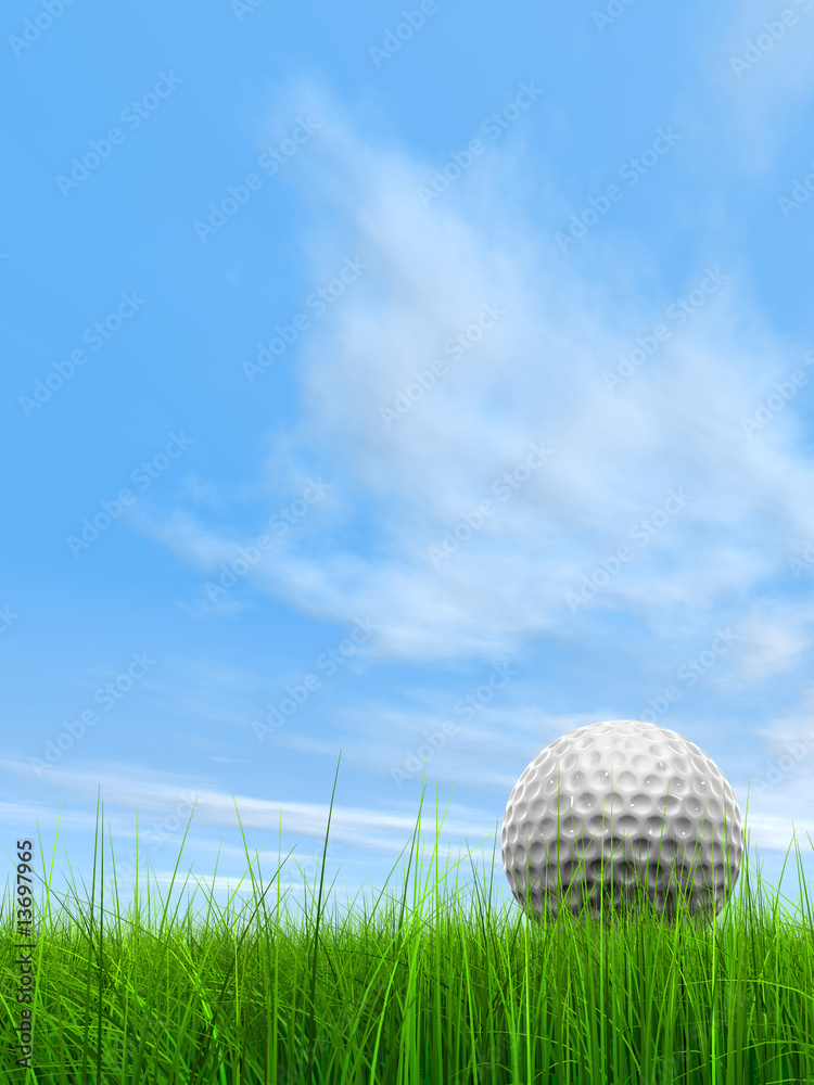 conceptual 3D golf ball on green grass over a blue sky conceptual 3D golf ball on green grass over a blue sky