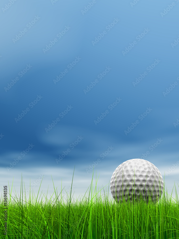 conceptual 3D golf ball on green grass over a blue sky conceptual 3D golf ball on green grass over a blue sky