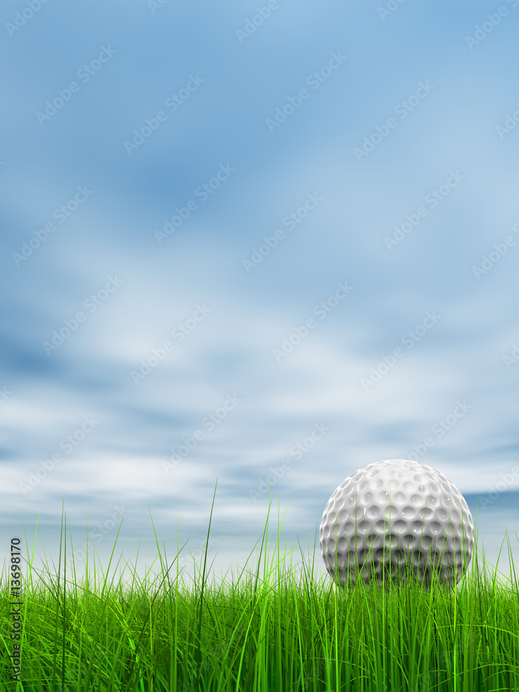 conceptual 3D golf ball on green grass over a blue sky conceptual 3D golf ball on green grass over a blue sky