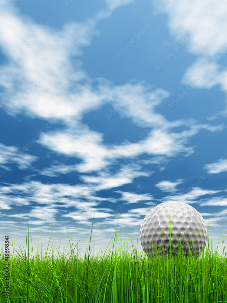 conceptual 3D golf ball on green grass over a blue sky conceptual 3D golf ball on green grass over a blue sky