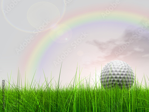 3d white golf ball in green grass on sky with clouds a rainbow