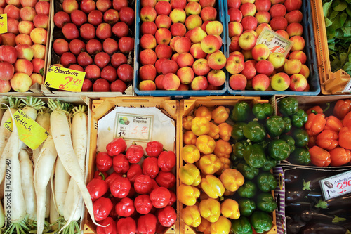 variety of fruits and vegetables at the market stall