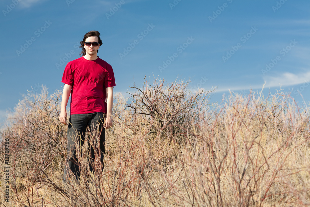 man in red shirt