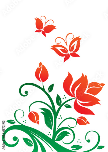 Illustration of red flowers and butterflies