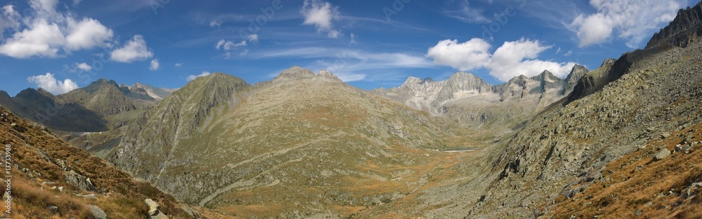 Very wide high mountain panorama