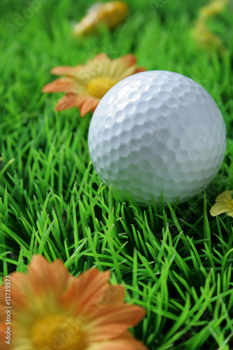 Golfball in close-up on artificial grass