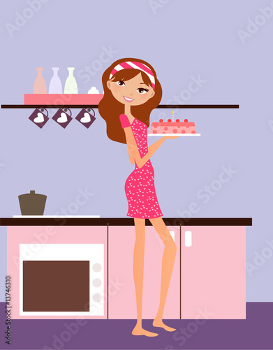 Vector illustration of young girl in the kitchen.