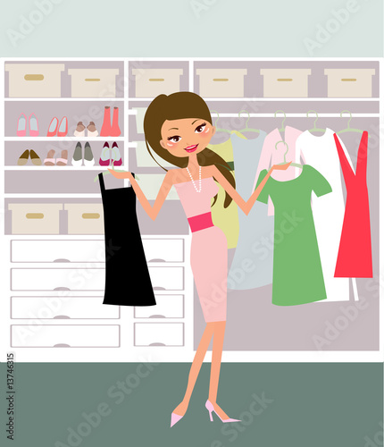 Woman looking through her closet at clothes