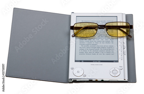 E-book with glasses isolated on white